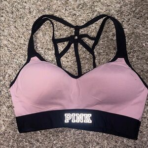 PINK Victoria's Secret Women's Strappy Sports Bra - Black and Pink